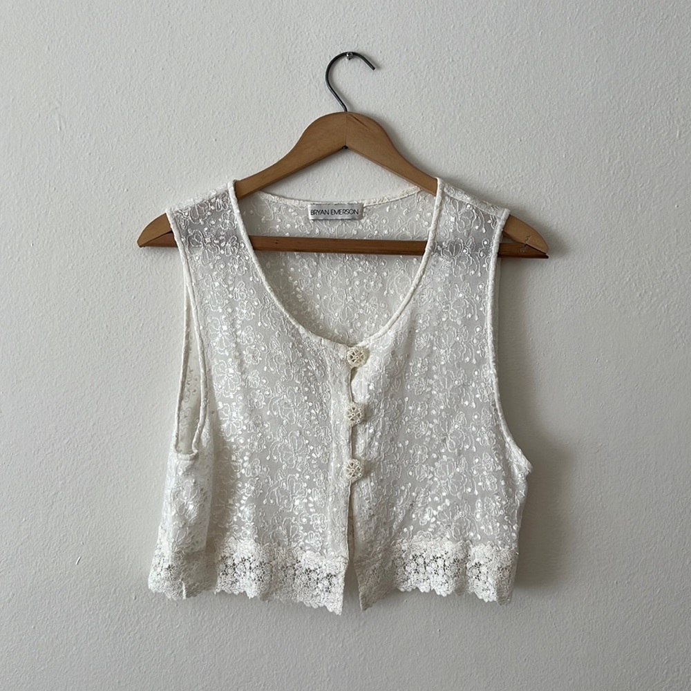 Bryan Emerson White Lace Vest with Floral Design